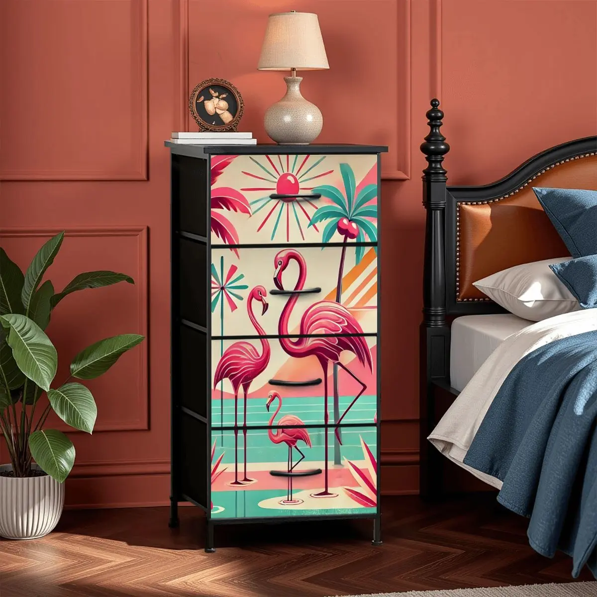 1950s Mid Century Modern Flamingo Art, Kitschy Pink, Teal, MCM 4-Drawer Dresser