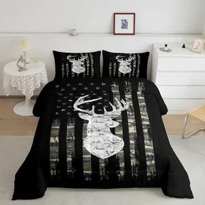 Luxury US Pride Bedding Set - Super Soft Digital Print Deer Comforter, Camouflage Green-Black Duvet Set with Hunting Motif, RV & Dormitory Bedroom Accessory, Queen & Toddler Size Room Decor