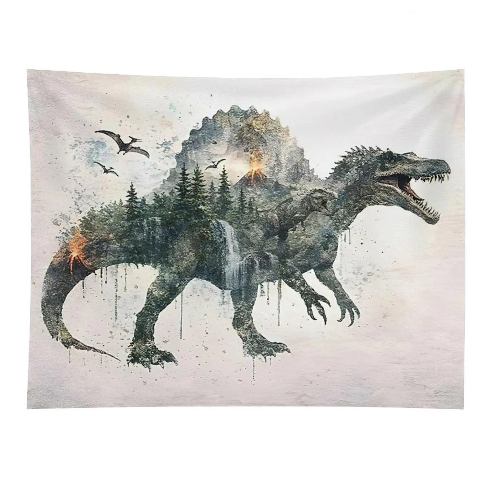 Dinosaur Mountain Landscape Tapestry Volcano Forest Jurassic Wall Hanging Decor