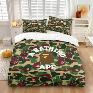 Bape Abc Camo Duvet Cover Set, Bedroom Bedding Set, 1 Duvet Cover and 1-2 Pillowcases Coreless, Classic Brand & Classic Ape Head Logo, Soft Comfortable, Street Style Bedroom Decoration, Gift for Streetwear Enthusiast