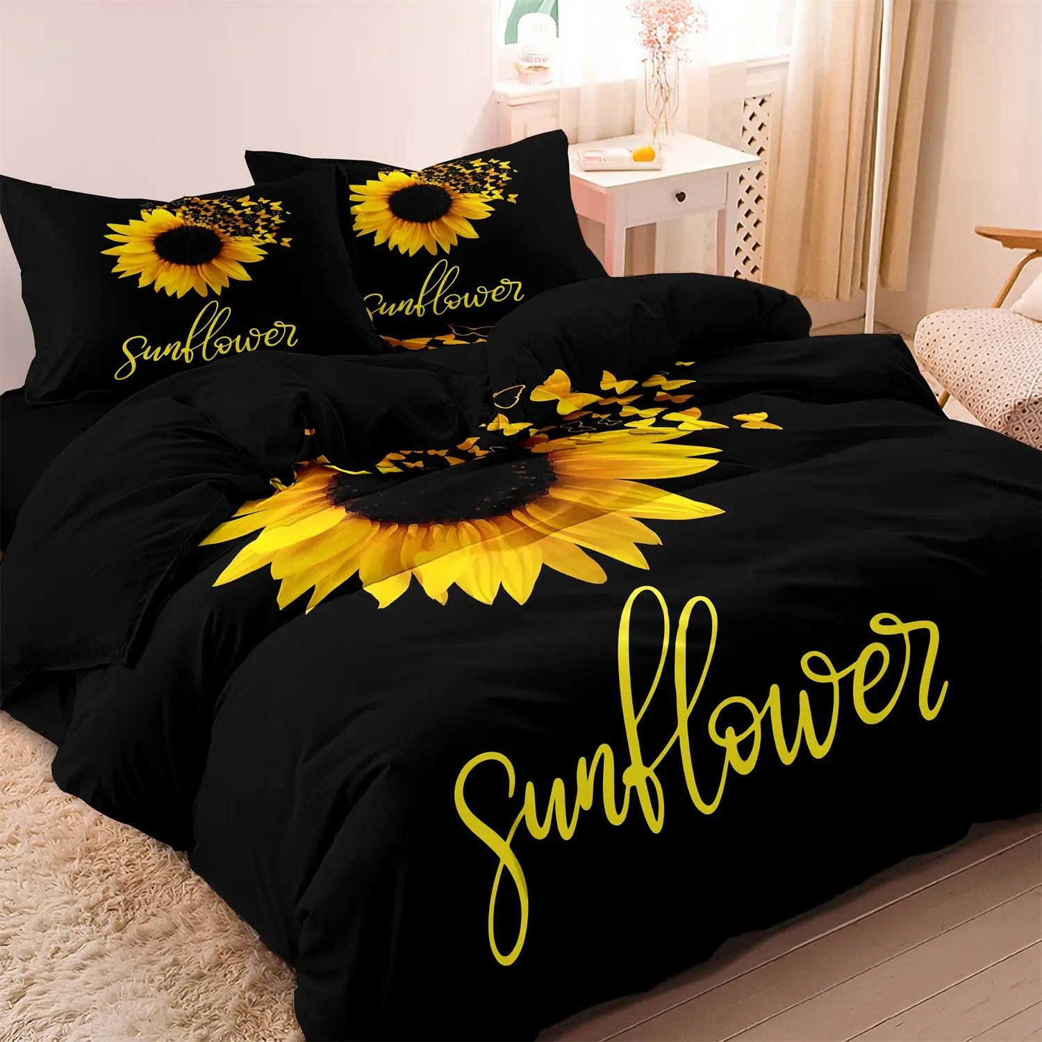 [Fresh Sunflower Duvet Cover] 3pcs Fresh Sunflower Decorative Duvet Cover Sets Bedding Set - Chemical Fiber Brushed Fabric, Digital Printing Technology - 1*Duvet Cover & 2*Two Pillowcases,