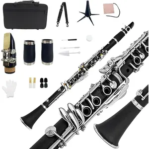 Clarinet for Beginner 17 Key Nickel-plated Ebonite b Flat Clarinet with 2 ,Hard Case,Cleaning Kit,Mouthpiece,Cork ,Gloves,Reeds,Cushion,Stand