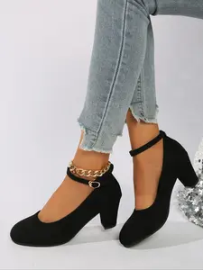 Elegant Round Toe Slip-On High Heels for Women, Suede Comfortable Chunky Heel Sandals for Spring Summer, Casual Vacation Shoes, Elegant Pointed Toe, Chunky Heel Pumps