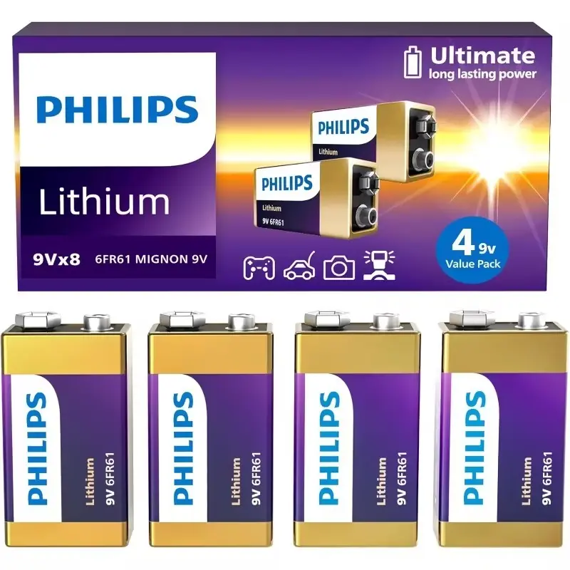 PHILIPS 9V Non-Rechargeable Batteries, 4-Pack Long-Lasting Power for Boating (Water Sports), Home & Office Devices, Smoke Alarms, Home And Office Devices