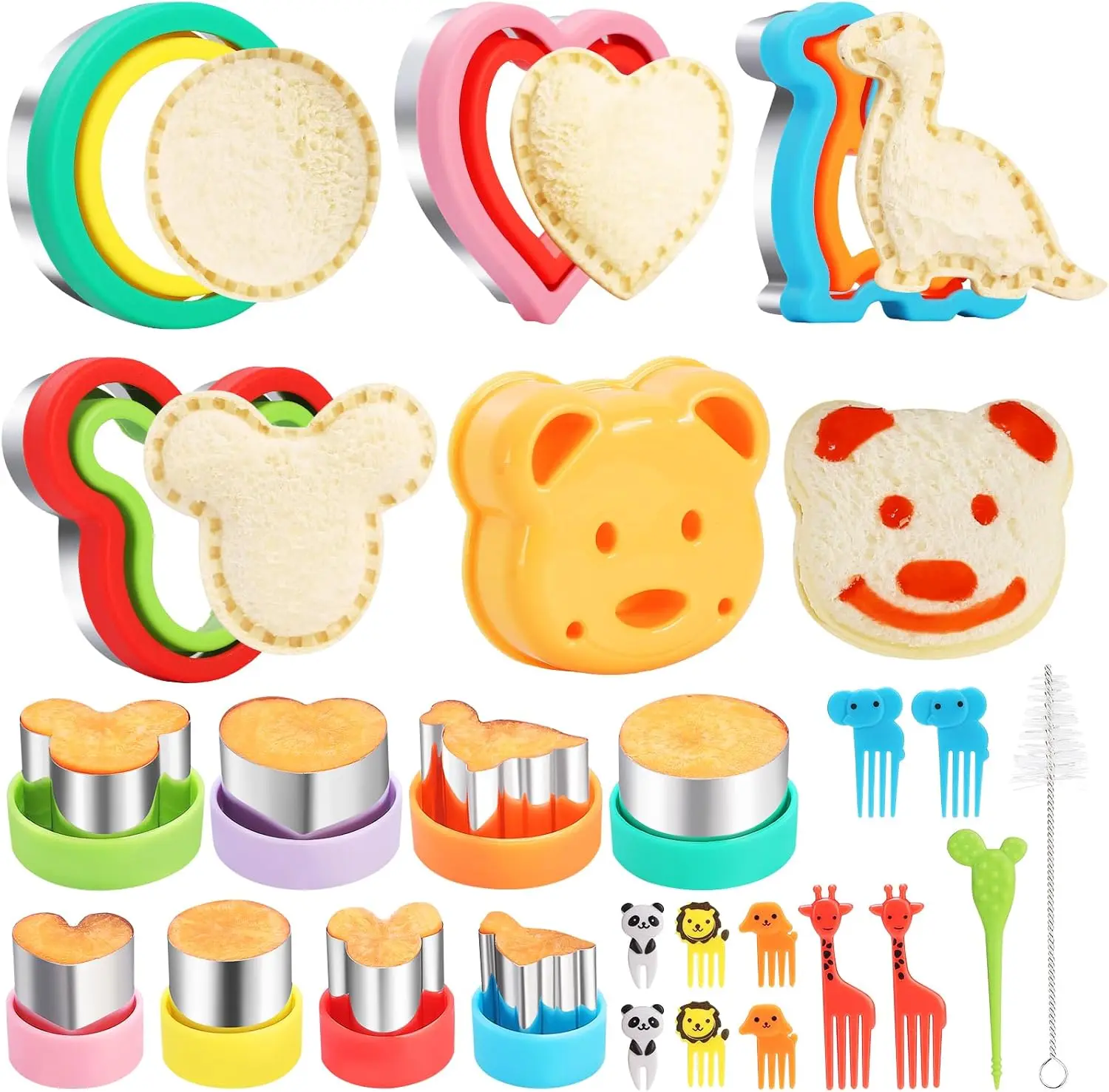 Sandwich Cutter and Sealer Set 25 Pcs for Kids Lunch Box with Heart Dinosaur Mouse Bear Shapes & Vegetable Fruit Cutters Safe Stainless Steel