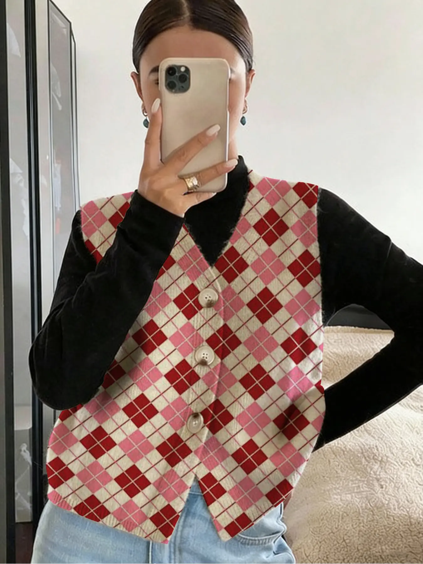 Geometric Plaid Colorblock Button Front Sweater Vest, Casual Fitted Sleeveless Knit Top for Spring Summer Fall, Comfortable Warm Women's Clothing