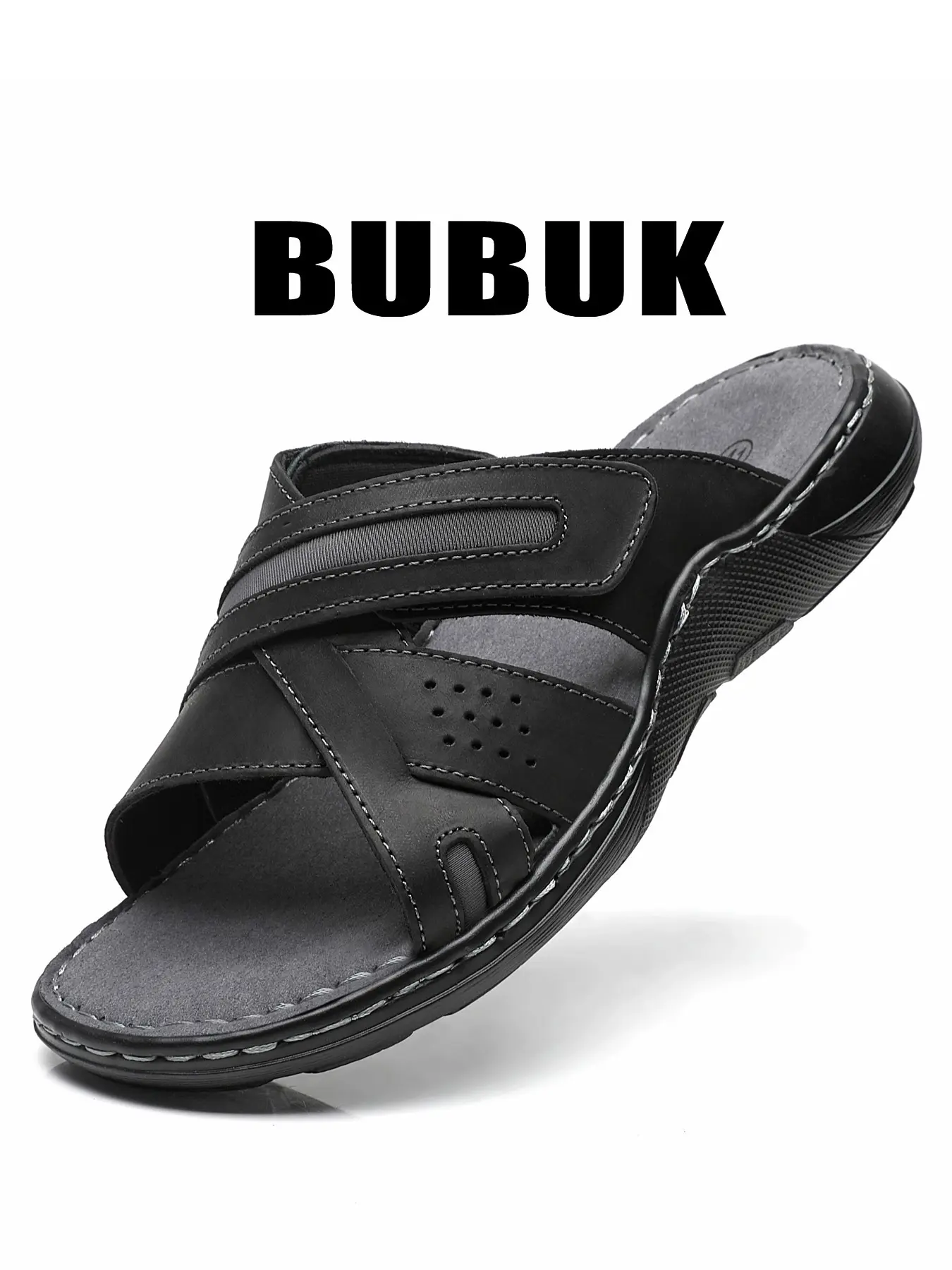 BUBUK Men's Genuine Leather Sports Slippers, Arch Support Outdoor Casual Sandals, Lightweight Waterproof Shoes, Toe-Exposed Design for Travel Hiking, Sports Slides
