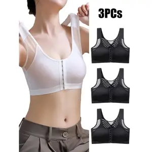 3-Pack Women's Full-Cup Wireless High-Support Mesh Bra - Adjustable Front Clasp, Plus Size, Solid Color (White/Black/Navy Blue/Pink/Tan)| Breathable everyday bra, suitable for daily wear| Comfortable and durable, hand washable, no padding, mesh