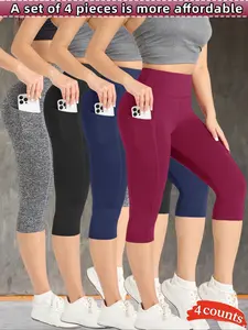 4 PCS Women's High Waist Sporty Cropped Pants, Spring & Fall Wearable, Elastic Yoga Cycling Leggings, Pockets Design, Skinny Yoga Bottoms