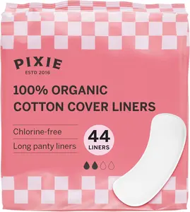 Pixie Organic Cotton Panty Liners for Women - Long Wrapped Pantiliners - Light Absorbency & Ultra-Thin - Leak-Proof, Hypoallergenic & Unscented for Feminine Care - Compostable - 44 Count