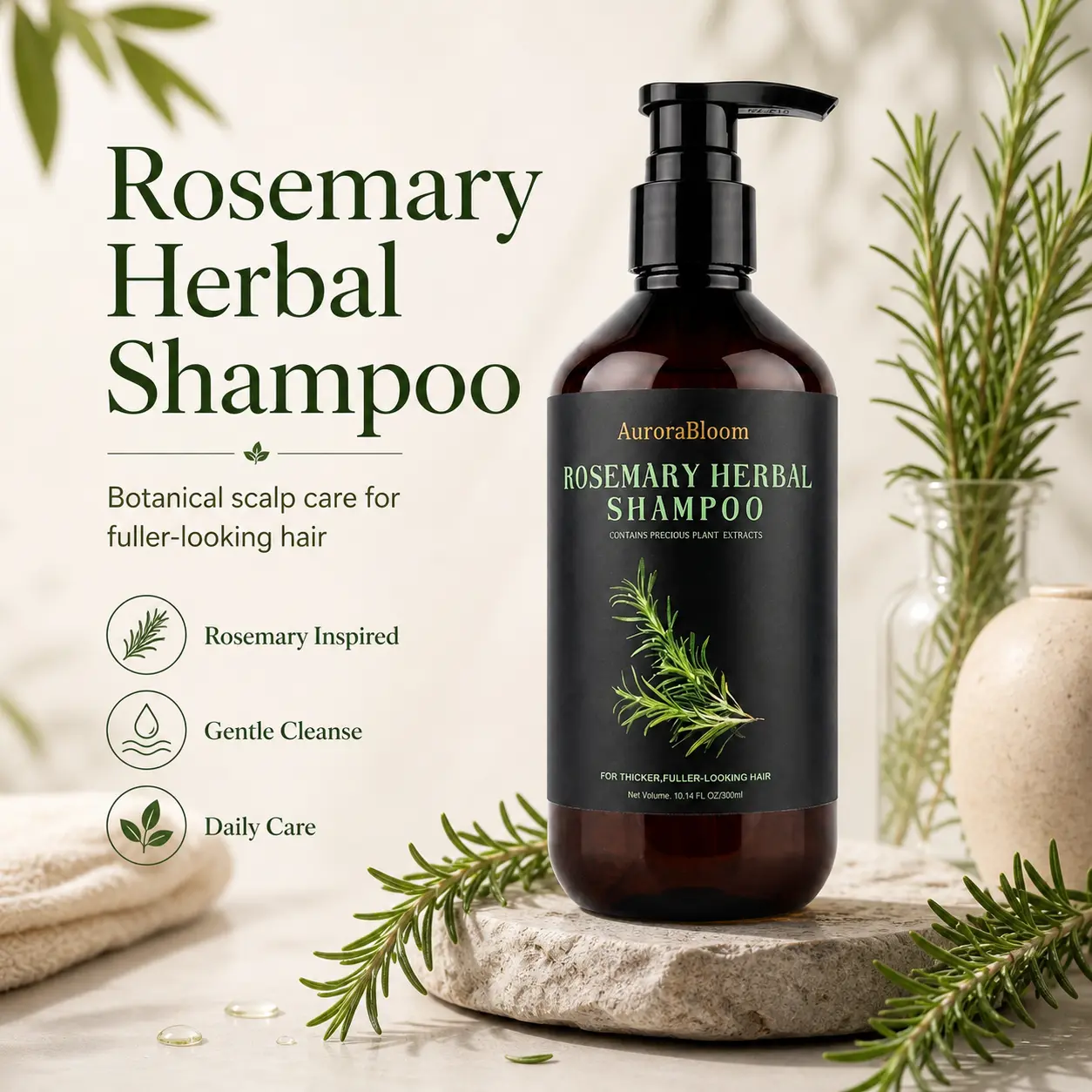 AuroraBloom Rosemary Shampoo, Helps Reduce Visible Hair Shedding Due to Breakage, Oil Control & Scalp Cleansing Haircare with Jojoba Seed and Fleeceflower Root, Fuller-Looking Hair, for Men & Women, 300ml