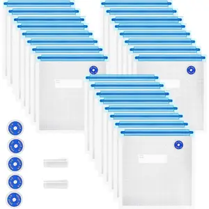 Vacuum Sealer Bags (8.5 * 8.5in), 31 count (24 Pcs Vacuum Zipper Bag & 2 Seal Clips & 5 Air Valves), Plastic, Clear, Double Zipper Seal, Microwaveable,  Storage, Cooking