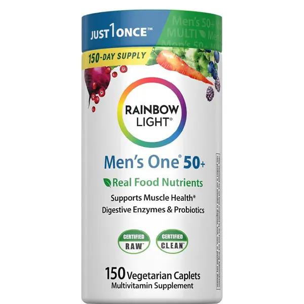 Rainbow Light Mens Multivitamin One + for 50 Plus | 150 Caplets | Supports Muscle Health | with Vitamins C, D, and Zinc | Real Food Nutrients, Digestive Enzymes & Probiotics