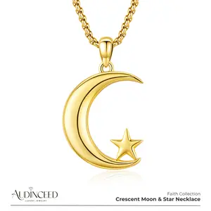Audinceed Star Crescent Moon Necklace, 18K Gold Plated 925 Sterling Silver, Islamic Muslim Arabic Calligraphy Star Moon Silver Pendant Necklace, Spiritual Faith Religious Blessed Jewelry Amulet Ramadan Eid Gift for Muslim Men Women