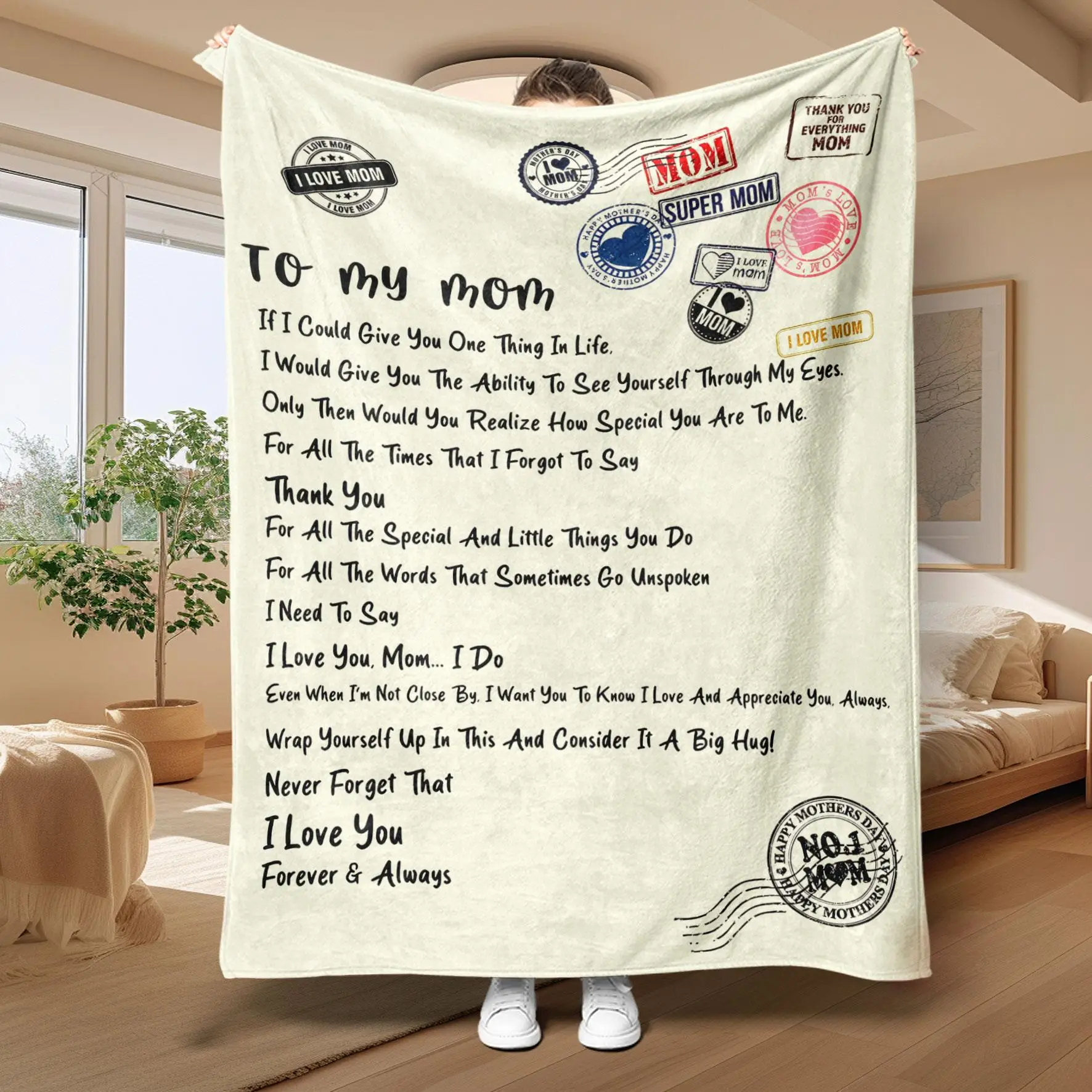 Letter Print To My Mom Soft Blanket, 1 Count Multifunctional Soft Throw Blanket, Warm Nap Blanket for Home Office Travel Camping