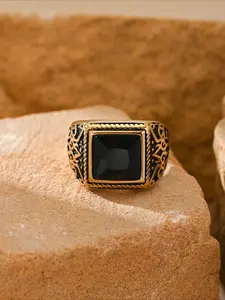 1pc Stainless Steel Inlaid Cubic Zirconia Retro Carved Pattern Design, Business Gemstone, Men's Square Ring, Vintage Wedding Engagement Ring, Gift Jewelry