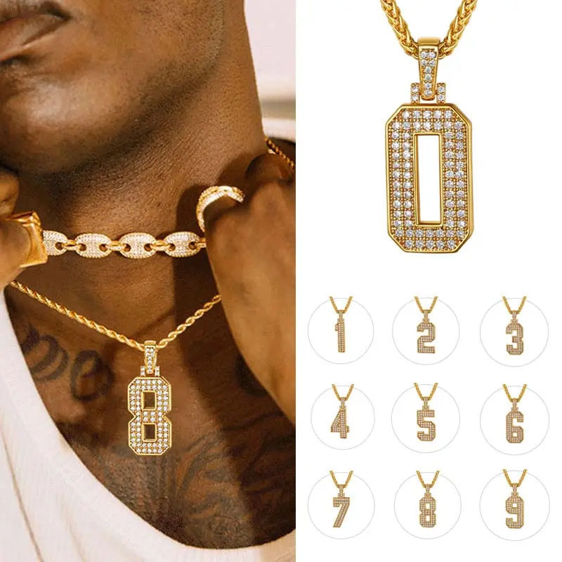 FindChic Bling Number Necklace Hip Hop Cubic Zirconia Golden Big Numbers Pendant for Rapper Pendant Necklace For Women Men