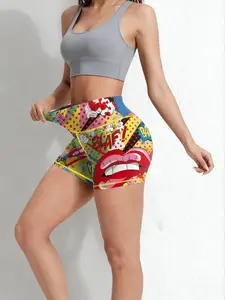 Women's Pop Art Print High Waist, Tight Fitted Shorts Casual Comfy Breathable Skinny for Yoga Gym Workout Running, Ladies Bottoms for All Seasons Workout Impact Shorts