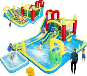 11-in-1 Inflatable Water Slide Park for Kids, Large Backyard Bounce House with Dry/Wet Slides, Splash Pool, Water Gun, Trampoline, Climbing Wall, Basketball Hoop, Outdoor Birthday Party Playset