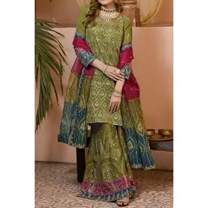 WOMEN'S PRET-CHIFFON DRESS | Pakistani Embroidered Sharara Plazo Kameez with Dupatta | Green Mehndi Outfit with Stones and Zari Work | Wedding & Festive Wear