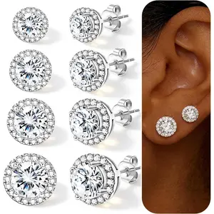 4 Pairs Silver Stud Earrings for Women, 18K Silver Plated Hypoallergenic Premium Cubic Zirconia Earrings, Halo Round Square Stud Earrings Set for Women Men