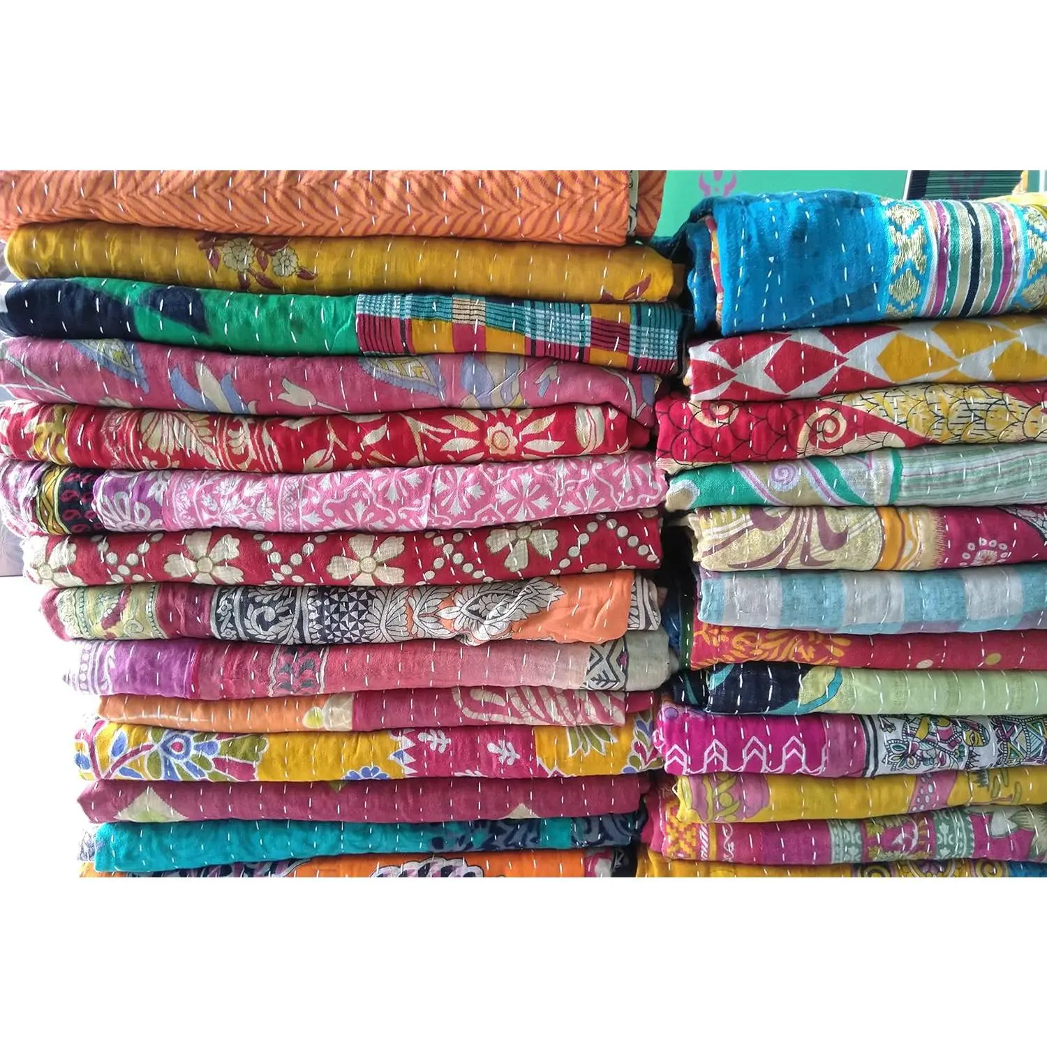 Hand-Stitched Indian Vintage Reversible Kantha Throw Blanket - Handmade Cotton Saree Patchwork, Vibrant Patterns, Twin Bed Bedspread, Beach Picnic Quilt (2)