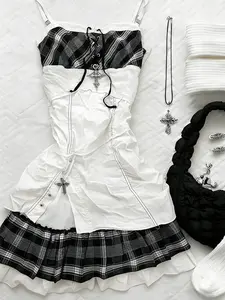 Women's Adjustable Black Y2K Patchwork Plaid Suspender Dress - Casual Gothic Sweet-Cool Short Summer Womenswear Dress