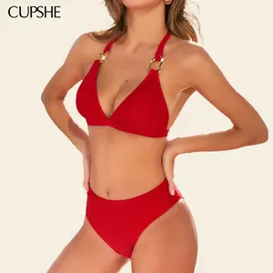 CUPSHE Clock It Diamond Neckline Mid-rise Halter Straps Medium Bust Support Red Swimsuit Bikini Set Swimwear Beachwear Style Bathing suit #SummerVibes