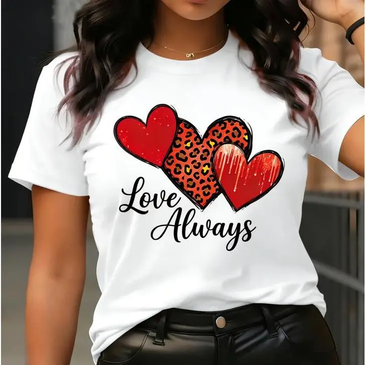 100% Cotton, Valentine's Day Heart Pattern Short Sleeve Round Neck Casual Women's T-Shirt, Summer Spring, Lightweight and Soft Fabric, Gift, Women's Gift, Birthday Gift, Fashionable and Elegant, Travel Vacation, Party