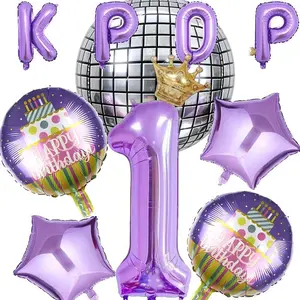 14-Piece K-Pop Birthday Balloon Set, Includes Numbers, Star, Silver Disco Ball, Mini Crown, Cake Ball, Perfect for Parties and Events