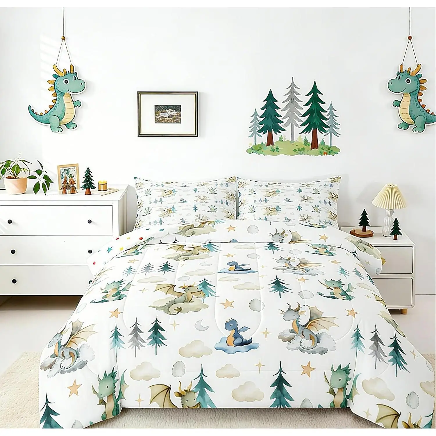Cute Dragon Kids Comforter Set Baby Dragon Bedding Set Kawai Cloudy Duvet Quilt for Kids Boys Girls Tree Botanical Bedroom Decor Light Blue White Microfiber Ultra Soft