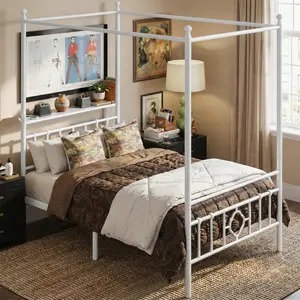 Raybee Canopy Bed Frame with Storage Headboard, NO CURTAINS,Four-Leaf Clover Design, Dual Purpose Queen/Full/Twin Size Bed Frame with 4 Removable Posts, Sturdy Metal Platform with Under-Bed Storage, No Box Spring Needed, White, Black