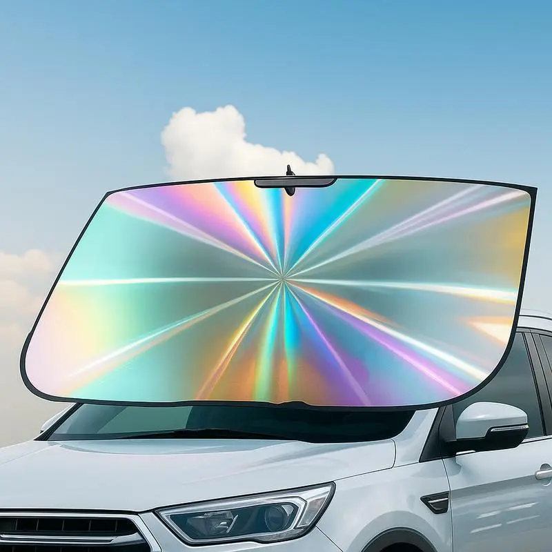 Laser Reflective Car Front Windshield Sunshade - 57x29.5in Foldable UV Protection Cover, Window Shade Car for Sedans, SUVs, MPVs, Reduces Interior Heat, Protects Dashboard, Prevents Fading for Parked Outdoors Use，Summervibes summerwins