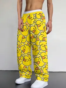 Men's Cartoon Duck Long Pants, Pajama Pattern, Elastic Waistband, Comfortable Casual Summer Sleepwear, Stretchy Lounge Wear for Men