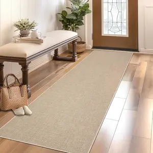 Washable Runner Rug 2x6 Woven Textured Hallway Runner Rug Modern Minimalist Solid Color Non Slip Runners Low Pile Non-Shedding Thin Foldable Mat for Entryway Kitchen Bathroom Bedside Tan, Beige 5*7ft(152*213cm)