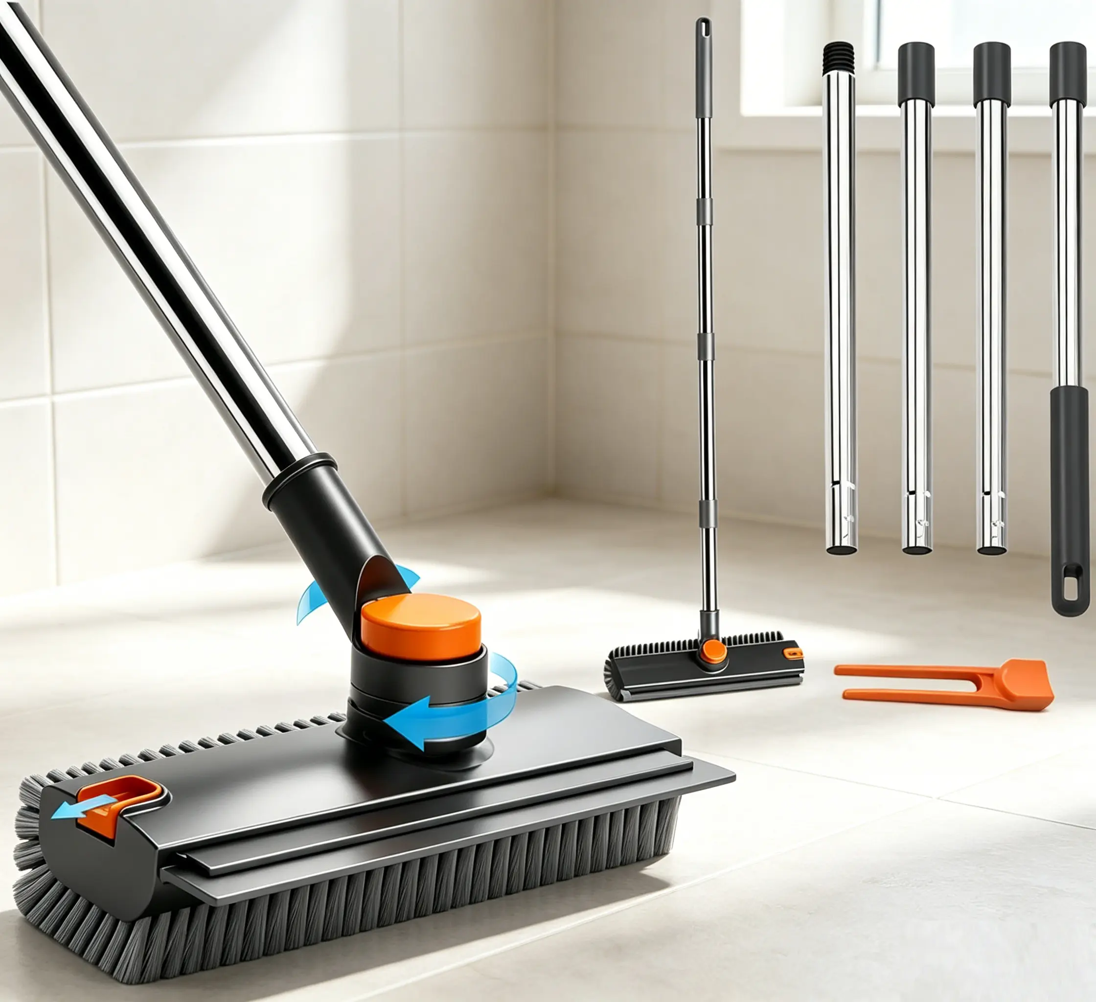 Multipurpose 4-in-1 Rotating Head Floor Scrub Brush - 28 Inches Stainless Steel Adjustable Handle, Heavy-Duty Stiff Bristles, Squeegee, Portable Tweezer, Gap-Tight Cleaning Home Kitchen Daily Home Improvement Tool
