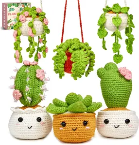 Crochet Kit for Beginners, Crochet Starter Kits, Amigurumi Craft Knitting Crocheting Kits with Step-by-Step Video Tutorials, 6 Pack Hanging Potted Plants Family(40%+ Yarn