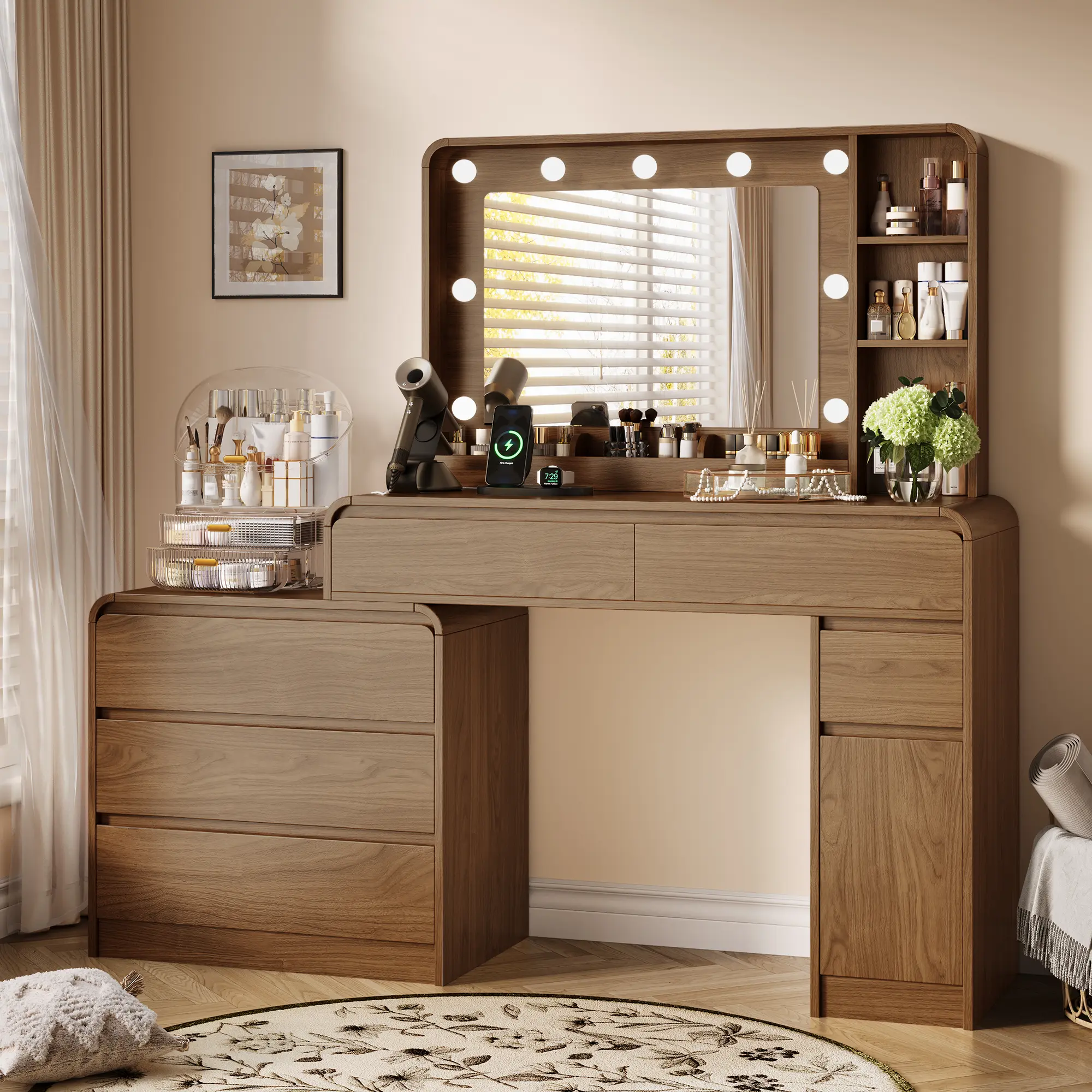 TOKSOM Makeup Vanity Desk with Mirror and Lights,Vanity Desk with 7 Drawers & Storage Shelves,Vanity Table with Power Outlet,3 Color Modes & Adjustable Brightness Dressing Table,Bedroom,White/Black/Walnut/Natural