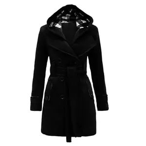 Women’s Double-Breasted Grey Wool Coat with Belt, Vintage Elegant Style, Plaid Hooded Lapel Jacket, Warm for Winter, Available in Plus Sizes and Slim Fits