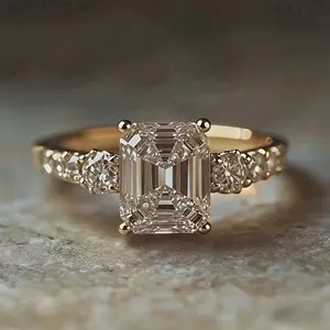 Women's Elegant Rectangular Synthetic Synthetic Zirconia Ring - KC Golden Plated Luxury Wedding Proposal Ring, Versatile Everyday Jewelry Gift for Valentine'S Day, Mother'S Day & Anniversaries, Durable Affordable Luxury Jewelry for Women, Anniversary