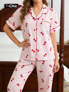 Pink Striped & Heart Pajama Set | Sweet Button Down PJs | Soft 2-Piece Cute Loungewear for Women | Trendy Aesthetic Sleepwear，Chic Pink Striped Sleepwear with Hearts | Perfect Bridal Party & Gift PJ Set | Soft Button Up Loungewear for Sunday Reset