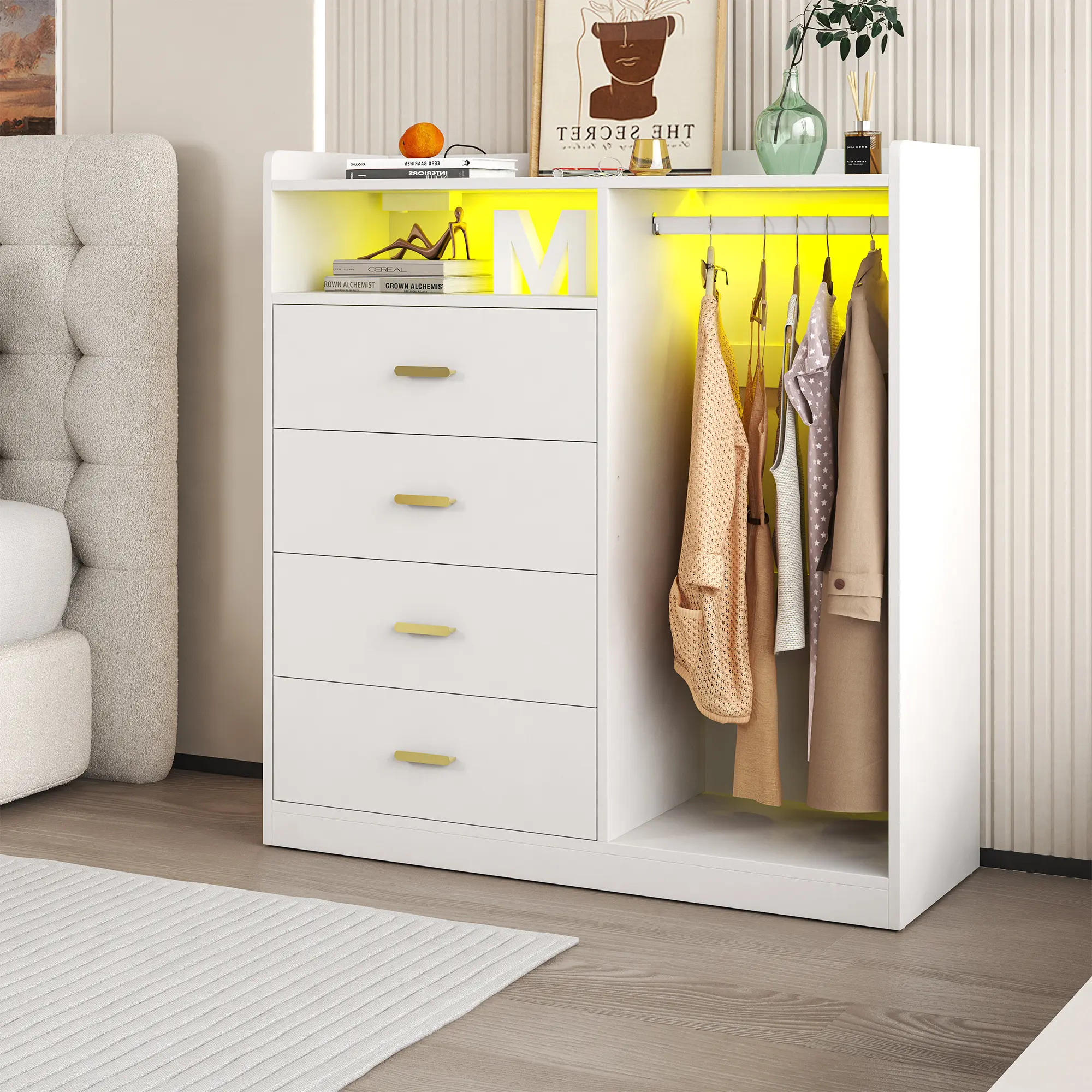 White Wooden Storage Cabinet with Hanging Rack, 4 Drawers, Charming LED Lights, Built-in Charging Station with 2 AC Outlets for Bedroom, Closet, Dresser
