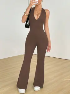 Women's Sexy U-Neck Bodycon Summer Jumpsuit, Elastic Slim-Fit Sleeveless Home Wear, Comfortable Stretchy for Various Occasions, Womenswear