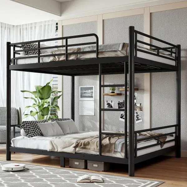 Queen over Queen Size Metal Bunk Bed for Teens and Adults,Space-Saving/Noise Reduced/No Box Spring Needed, Round Tube, Converted Into Two Beds, Black