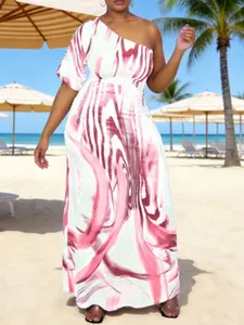 Trendy Summer Fashion Women's Asymmetrical Neck One Sleeve Loose Dress, Casual Style Long Dress for Daily Wear & Outdoor Activities, Asymmetrical Design Dress