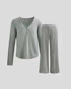 True Classic Women's Waffle Knit Henley & Wide Leg Pant Set  Soft Modal-Cotton 2-Piece Loungewear, Cozy Long Sleeve Top & Relaxed Pants