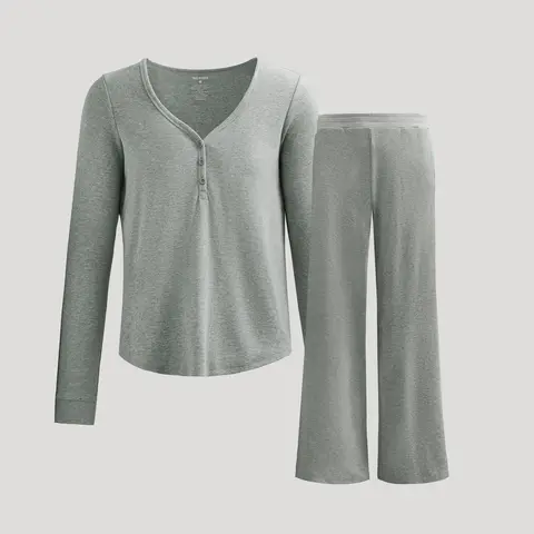 True Classic Women's 2-Piece Cotton Fabric Boxy Basic Waffle Knit Henley & Wide Leg Pant Set for Everyday Loungewear