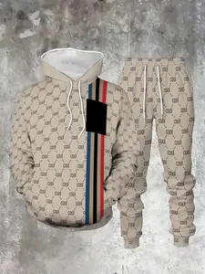 Fashion Casual 3D Digital Print Full Letter Stripe Knit Hoodie Set, Two-Piece, Pants, Long Sleeve, Natural Waist, Fall & Winter