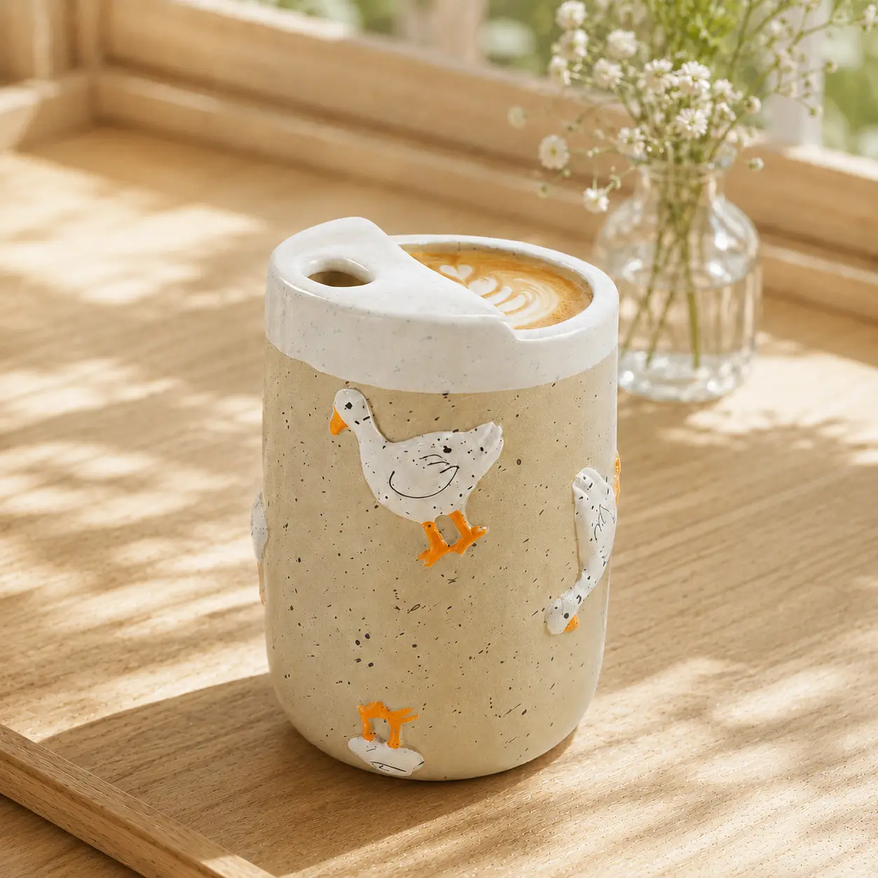 Large Duck Mug 17oz Handmade Ceramic with Lid for Coffee Sip Hole No Handle Microwave and Dishwasher Safe Perfect Gift for Coffee Lovers Teachers Mothers Day Reusable Lead Free
