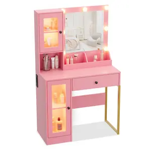 Makeup Vanity Desk with Mirror & RGB LED Lights, Charging Station, 2 Acrylic-Door Cabinets, Open Compartments, Wooden Dressing Table, Modern Bedroom Vanity – Weathered Oak